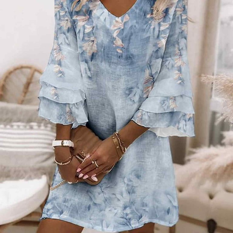 Women's Casual Boho Floral Print Dress Loose V Neck 3/4 Wave Bell