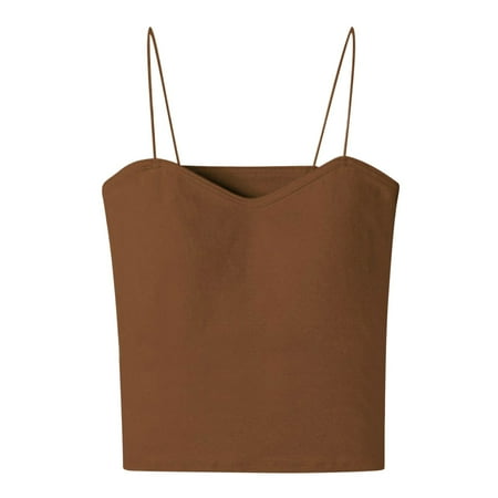 Womens Spaghetti Strap Camisole Tops Built in Bra Seamless Padded Sleeveless Cross Back Sexy Crop Yoga Tanks Vest (Large  Coffee)