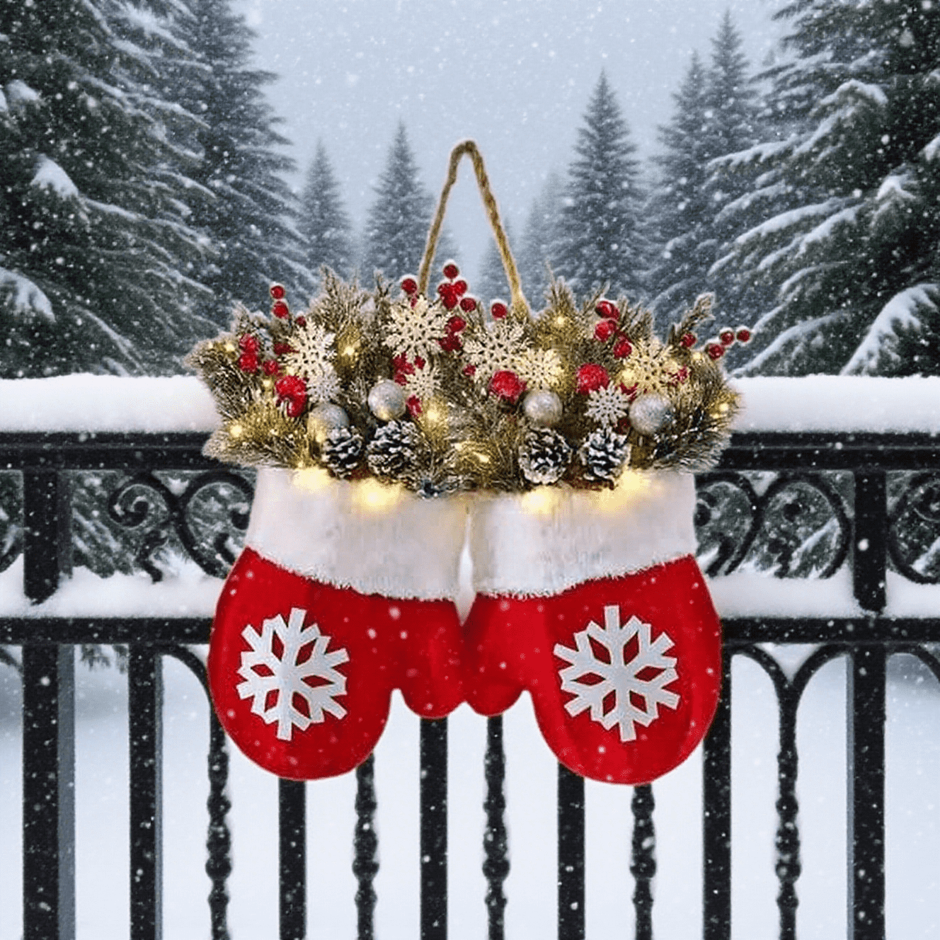 Danhjin A Chopper Twinkling Christmas Mitten Wreath 36cm Pre-Lit