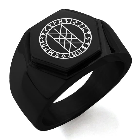 Stainless Steel Vegvisir Web of Wyrd Skuld’s Net Viking Engraved Hexagon Crest Flat Top Biker Style Polished Ring