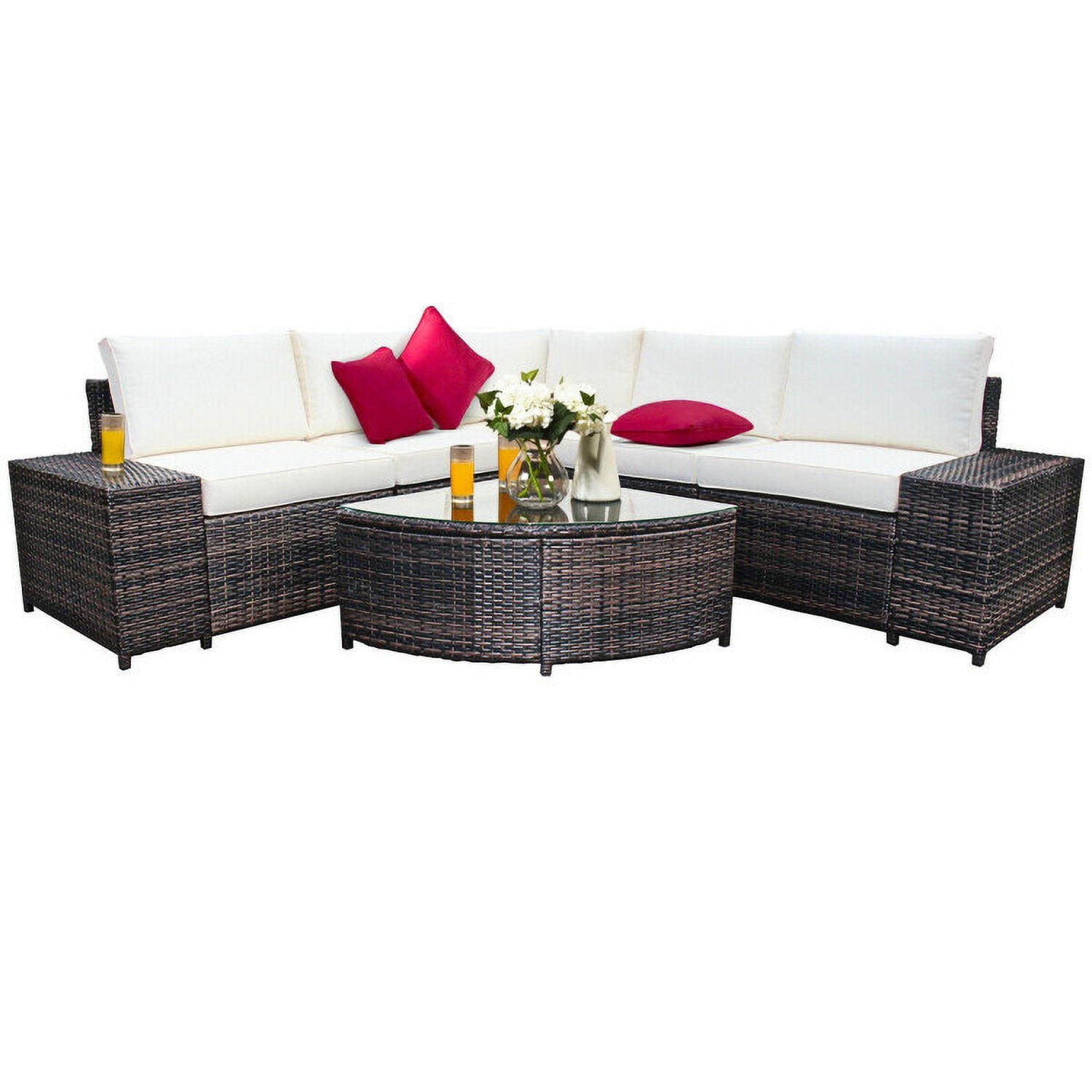 Aimee Lii 6 Piece Wicker Patio Sectional Sofa Set with Tempered Glass Coffee Table, Outdoor Deck Furniture, White
