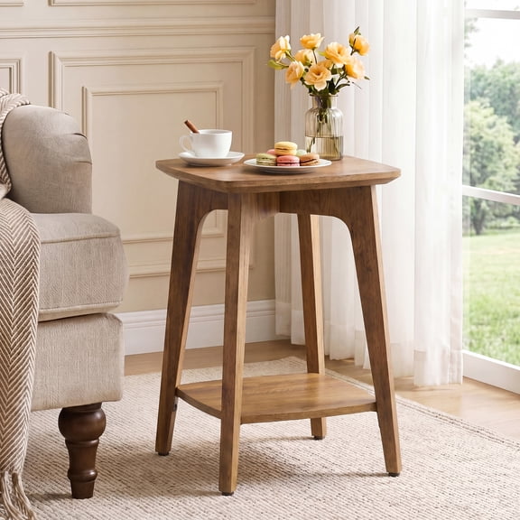 LEDREM Small End Table, Side Table with Lower Shelf, Nightstand for Living Room, Bedroom, Brown