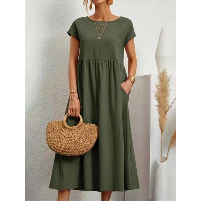 Lindbes Robe Maxi Élégante Unie pour Femmes Été à Manches Courtes Col Rond Vintage Harajuku Coton Lin Ample Robe d'Été Y2K avec Poches Longue Robe