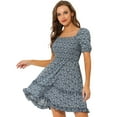 thumbnail image 1 of INSPIRE CHIC Robe Courte à Manches Bouffantes Courtes pour Femme, Ourlet à Volants, Smockée, Bal, Mini-Robe Florale Noire m, 1 of 5