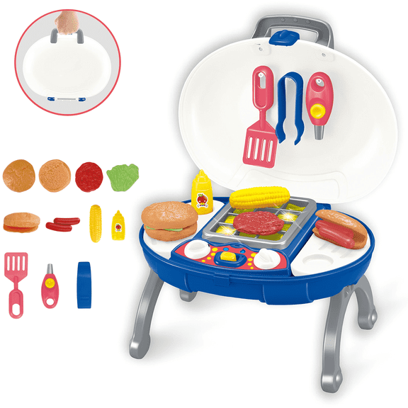 Richgv Kids BBQ Grill Toy Set, Pretend Play Kitchen Toy with Lights Sounds Toy Food, Interactive Kitchen Playset Cooking Toy Set