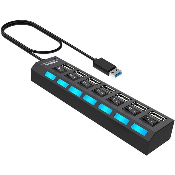 USB Hub,7-Port USB 2.0 Hub with Individual LED lit Power Switches 
