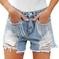thumbnail image 1 of Women's Rhinestone Fringe Denim Shorts Mid Rise Stretchy Ripped Hem Distressed Jean Shorts Comfortable Fashionable Casual Wear, 1 of 9