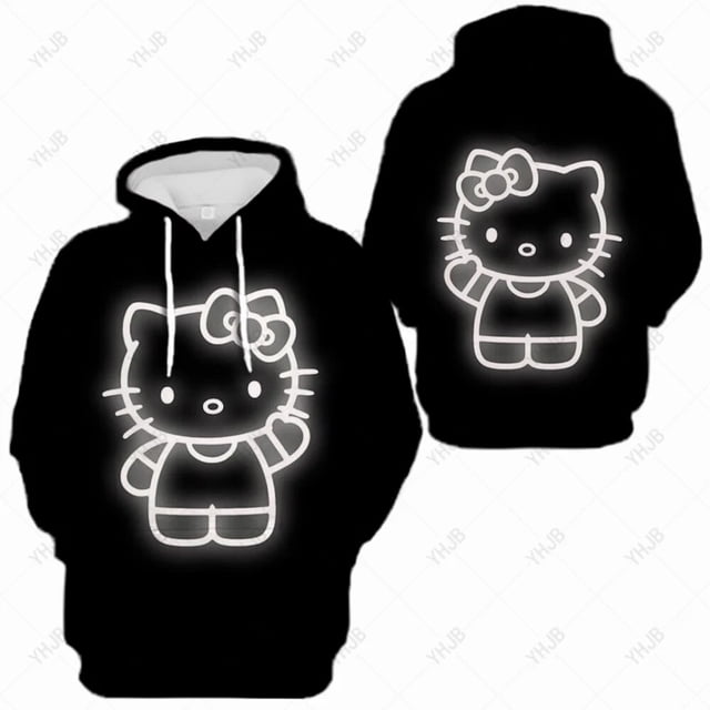 Hello Kitty Chandail à Capuchon Surdimensionné Y2k pour Femmes Automne Hiver Chandail en Molleton Noir Imprimé Graphique Anime Manches Longues Hauts Mode HOEMLIN