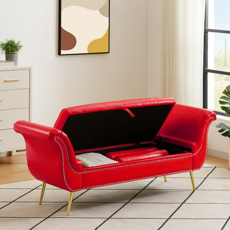 End of Bed Bench with Storage 66.53 Storage Ottoman Bench Tufted PU Leather Entryway Bench with Rivet Rolled Arms and Metal Legs Upholstered Storage Bench Seat for Bedroom Living Room Red