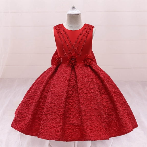 Huowey Girls Formal Dress Solid Color Sleeveless Round Neck Floral Embroidery Elegant Gowns Formal Party Wedding Dresses,Red,5-6 Years