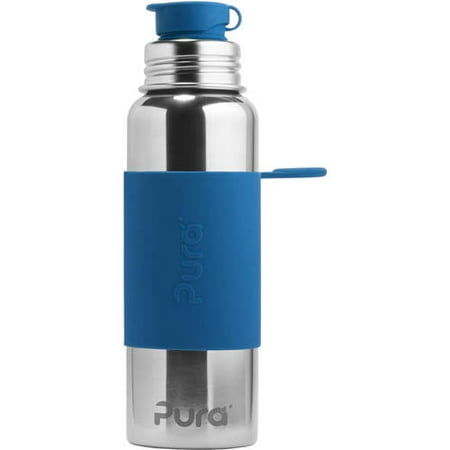 Pura 28 OZ / 850 ML Stainless Steel Water Bottle with Silicone Sport Flip Cap & Sleeve Steel Blue(Plastic Free, Nontoxic Certified, BPA (Best Non Plastic Water Bottle)