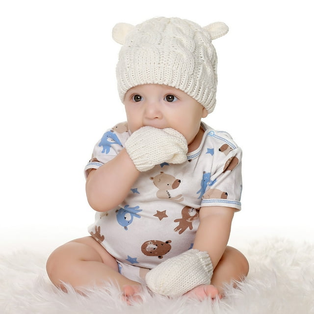 Gorro y guantes para bebé, conjunto de guantes y gorro para bebé, gorros de punto de invierno, gorros para bebé recién nacido de 0 a 2 meses (L; gris)