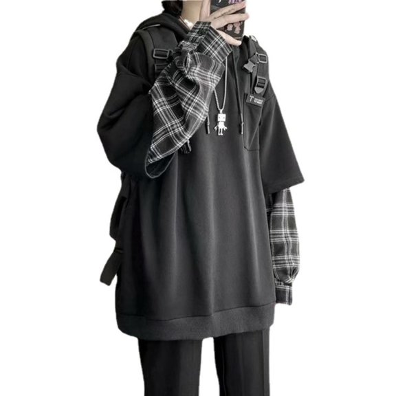 Hoodies for Women Casual Long Sleeve Loose Fit Two Tops Plaid Print Crewneck Basic Y2K 2026 Sweatshirts