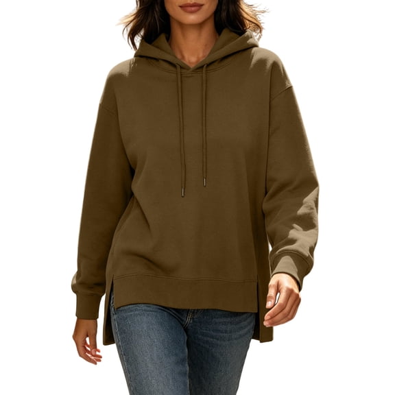 Cmfcve Fall Pullover Hoodies for Women Side Slit Casual Drawstring Hooded Sweatshirts Long Sleeve Tunic Shirts