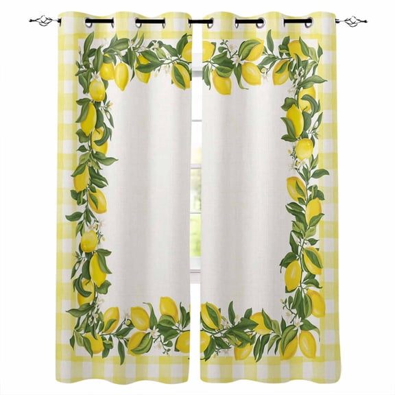 Summer Lemons Blackout Curtains for Bedroom/Living Room, Thermal Insulated Kitchen Curtains, Farmhouse Fruits Yellow Buffalo Plaid Grommet Darkening Window Treatment Drapes 52"x63"x2