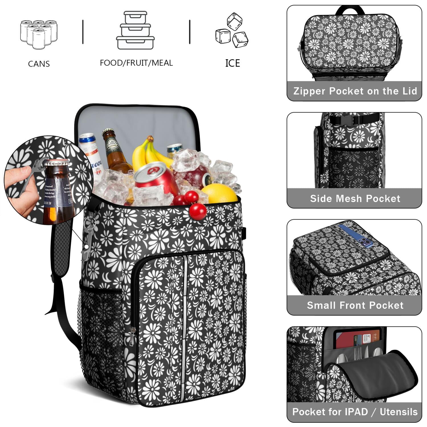Retro Boho Daisy Floral Insulated Backpack Cooler, Leakproof Waterproof Lunch Bag for Women, Men, Outdoor Work, School, Office, Picnic