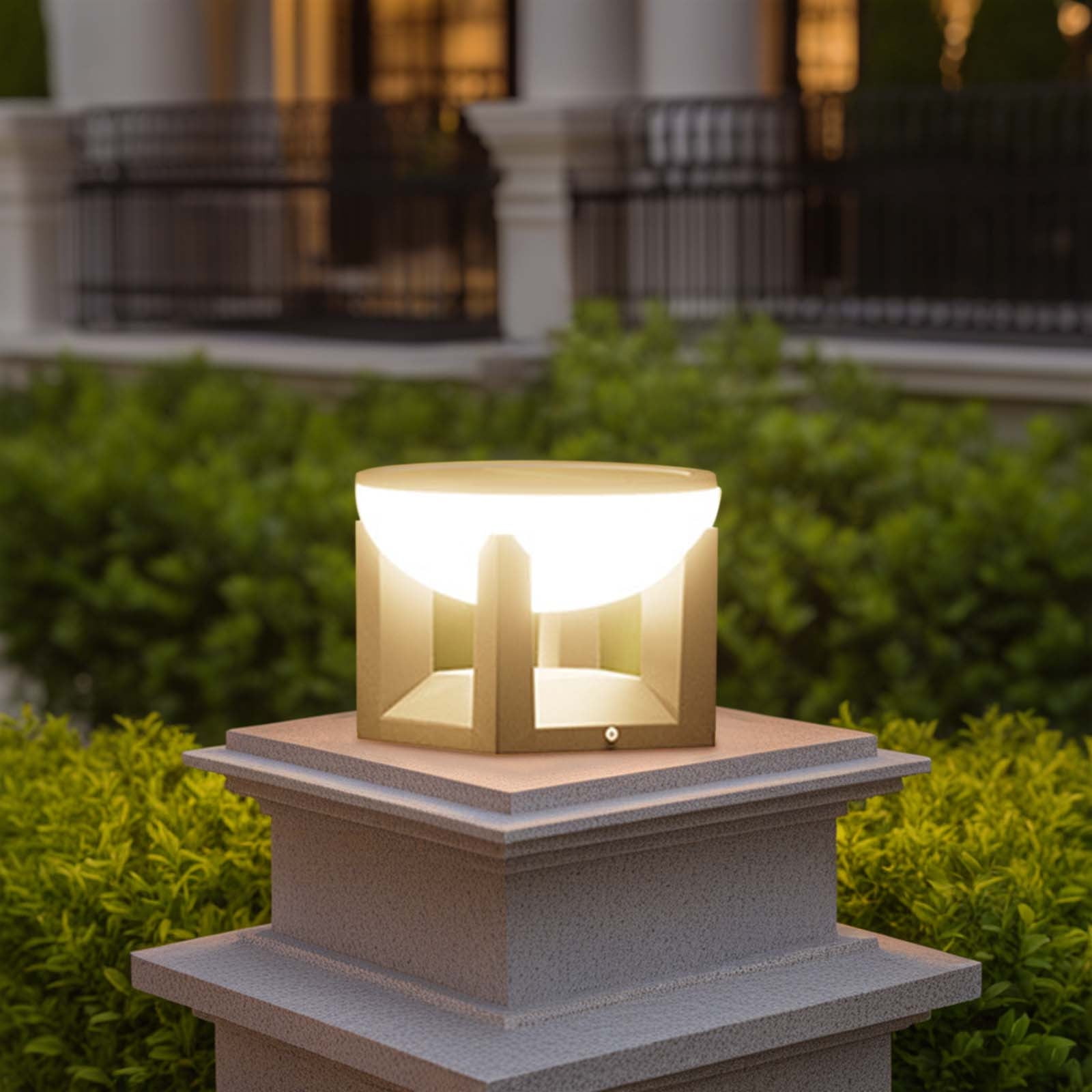 Solar Pillar Light , 5.51” Large Outdoor Post Modern Column Cap Lights Ip65 Waterproof Dusk To Dawn Deck Lantern Led Lamp for Flat Surface Patio Garden Decoration（Round）