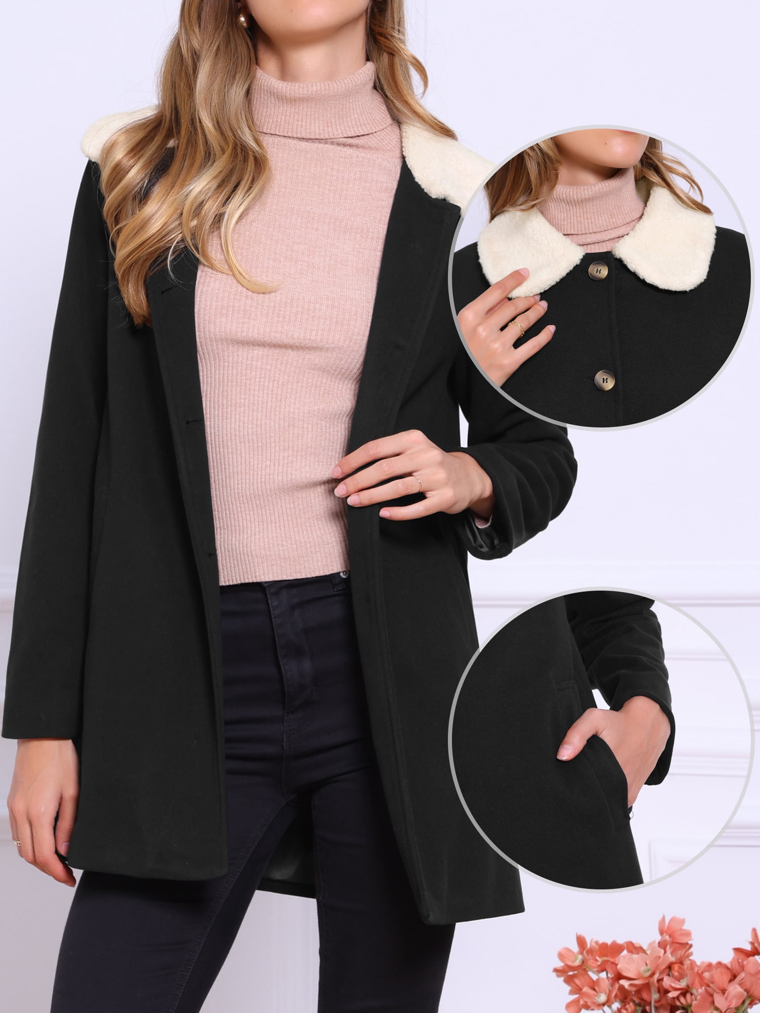 DARING DIVA Women's Winter Contrast Collar Overcoat Single Breasted Pea Coat XL Black