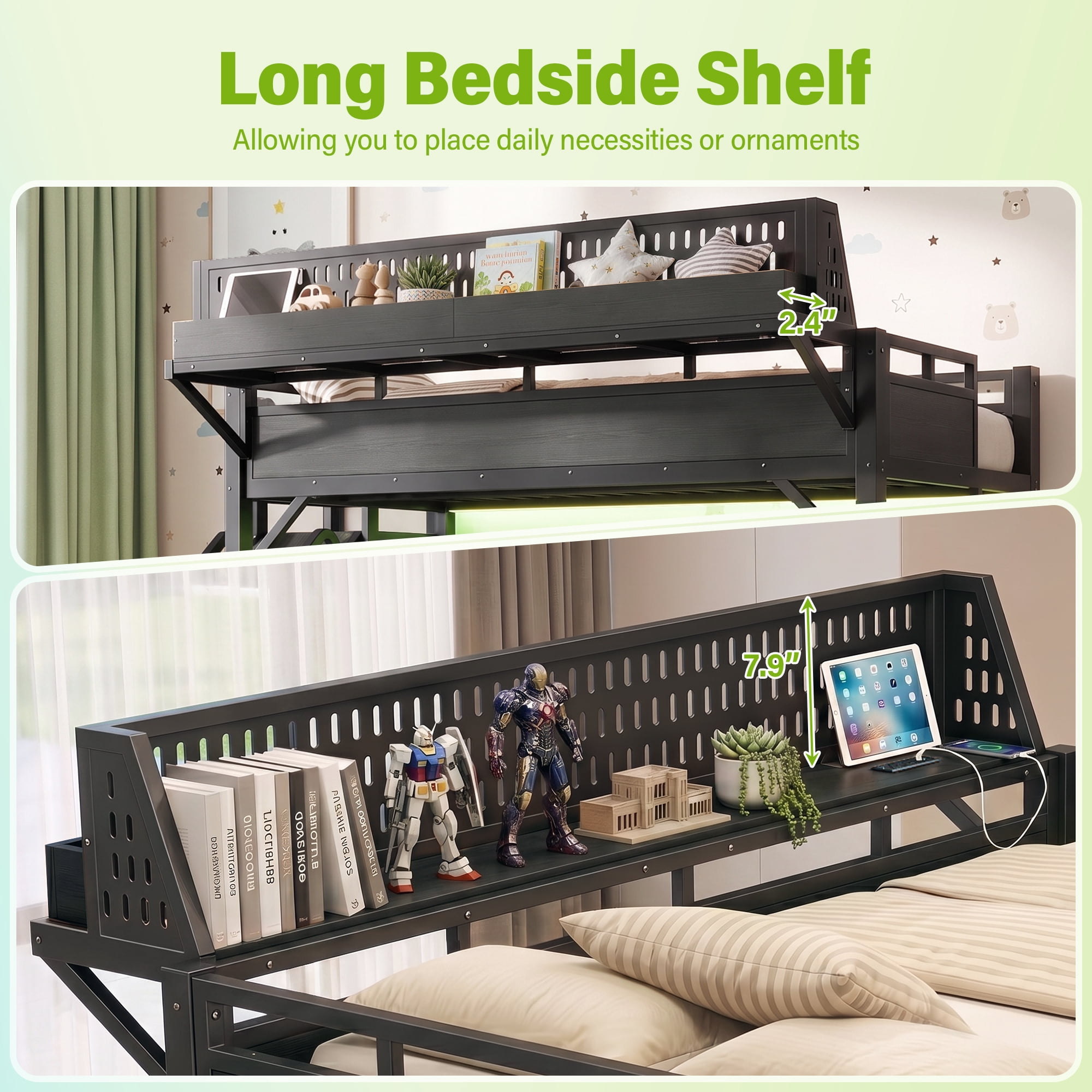 Aukfa Twin XL Metal Loft Bed with Slide, Shelves, Wardrobe, USB Ports & LED Lights, Space-Saving Bed Frame for Kids Teens Adults, Black