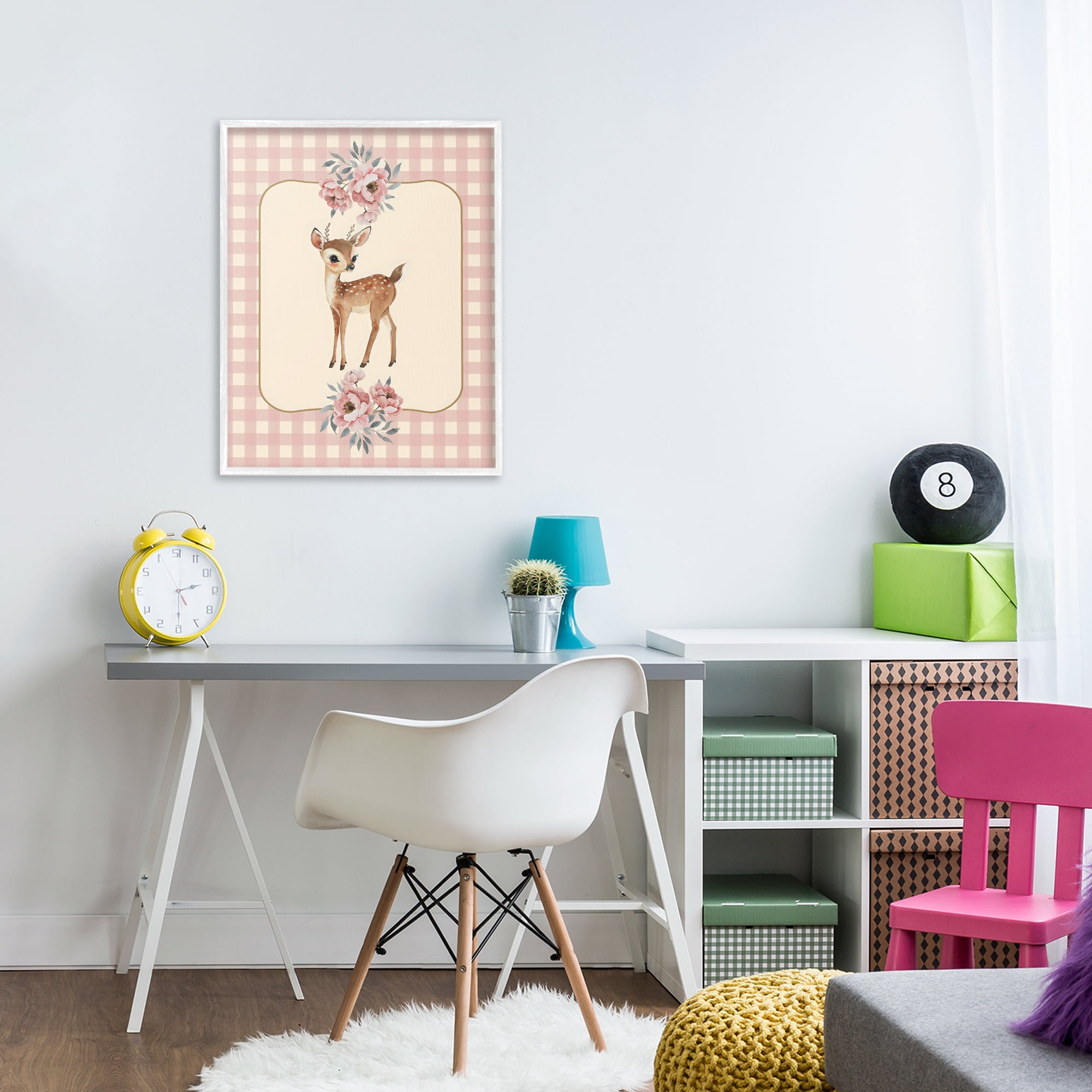 Stupell Industries Baby Deer Pink Gingham White Framed Giclee Art, design by LSR Design Studio