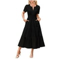 thumbnail image 2 of vigerkar Women's 2025 Summer Short Sleeve Maxi Dress Casual V Neck Hollow Out Eyelet Ruffle Swing A Line Long Dresses with Pockets Black, M, 2 of 9