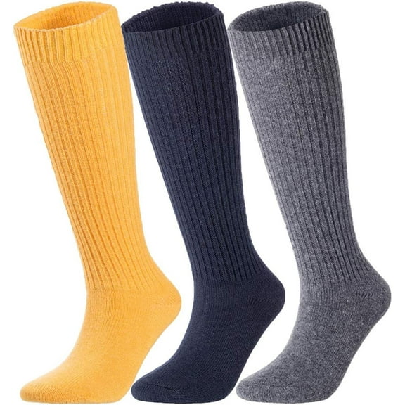 Lovely Annie Big Girl's & Women's 3 Pairs Exceptional Non Slip, Cozy and Cool Knee High Wool Socks ABGFS05 Size 6-9 (Grey, Navy, Yellow)