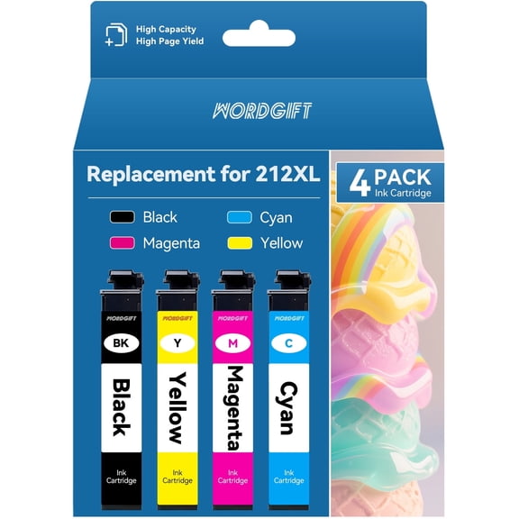 WORDGIFT Replacement for Epson 212 Ink Cartridge for Workforce WF-2850 WF-2830 XP-4100 XP-4105 Printer Ink (Black Cyan Magenta Yellow 4 Pack)