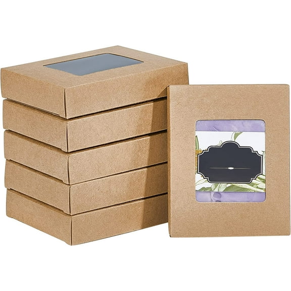 30PCS 4x3x0.8inch Kraft Paper Boxes with Clear Window Rectangle Foldable Paper Gift Box for DIY Party Favor Treats and Jewelry Packaging