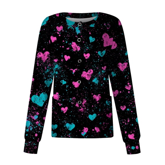 Valentine's Day Womens Scrubs Jacket Long Sleeve Snap Front Valentine Love Heart Printed Jacket Nurse Uniforms Workwear Shirts with Pockets