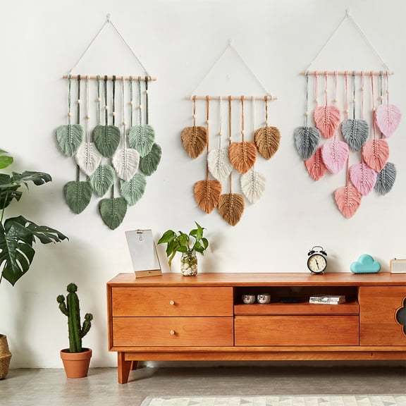 Dserhfy Wall Decor Large Boho Macrame Handmade Yarn Woven Wall Art Leaf Tapestry Wall Hanging with Faux Feathers for Home Decor