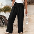 thumbnail image 4 of ZHYou No Boundarie Summer Linen Pants for Women Stretch Waist Straight Leg Lightweight Pull On Baggy Fit Trousers with 2 Flat Pockets Black Size L, 4 of 6