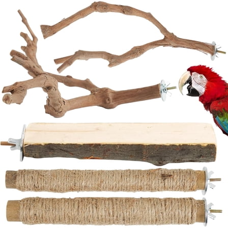 Large Bird Perch Stand, 5 PCS Natural Wood Bird Perch Set with Rope & Platform for Macaw African   Parrot Cage Accessories