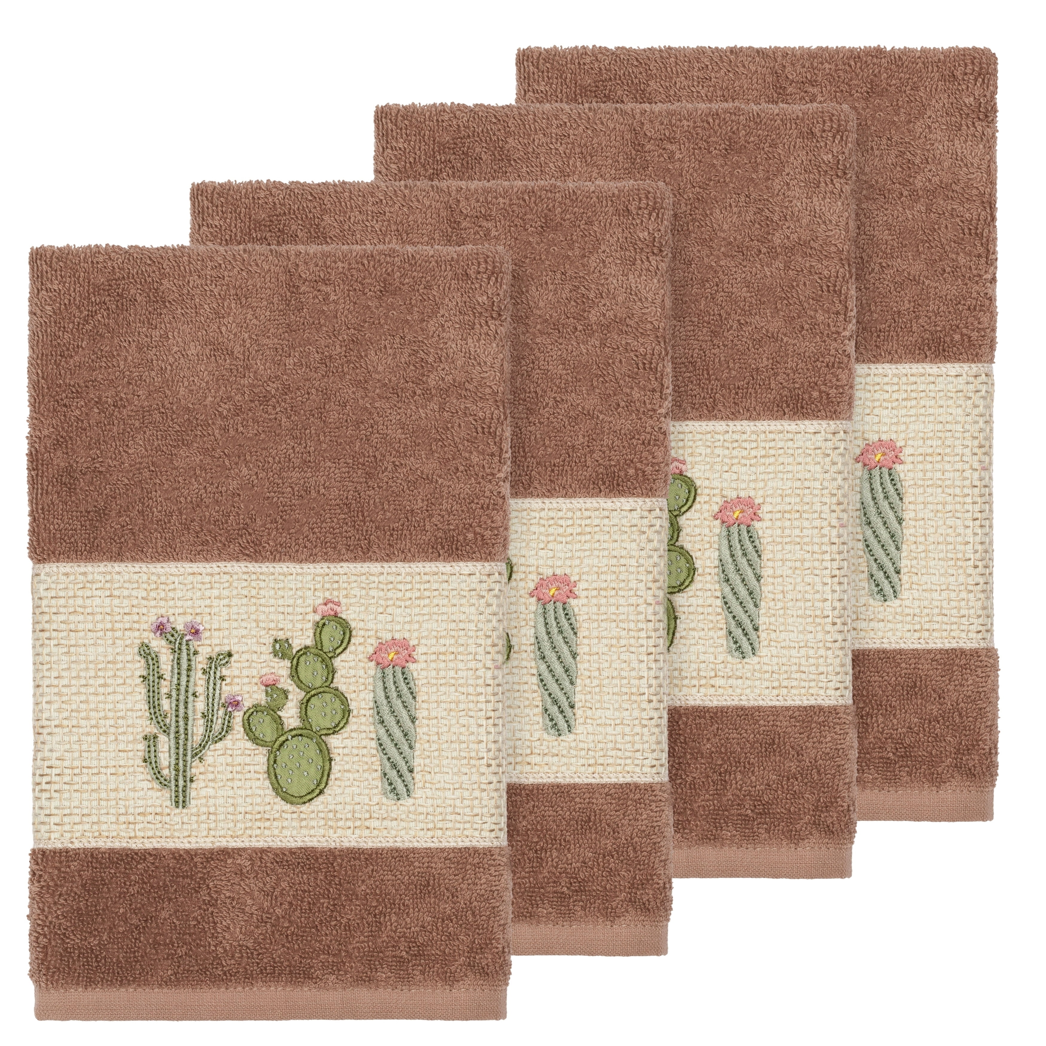 Authentic Hotel and Spa  Turkish Cotton Cactus Embroidered Latte Brown 4-piece Hand Towel Set