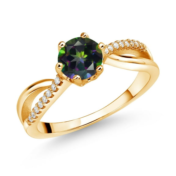Gem Stone King 18K Yellow Gold Plated Silver Ring Round Mystic Topaz and Moissanite (1.08 Cttw) (Size 8)