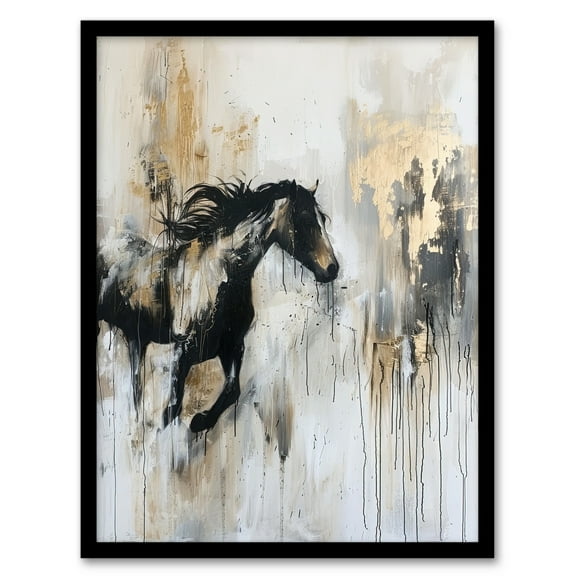 Artery8 Wild Horse Fantasy Black Gold Bright Oil Painting Living Room Art Print Framed Poster Wall Decor 12x16 inch