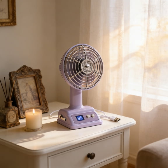 Purple Vintage Style Mini Desk Fan USB Rechargeable 1200mAh Digital Battery Display 100° Adjustable Wind Speeds Personal Quiet Fan for Home Office Bedroom Desktop Study Travel