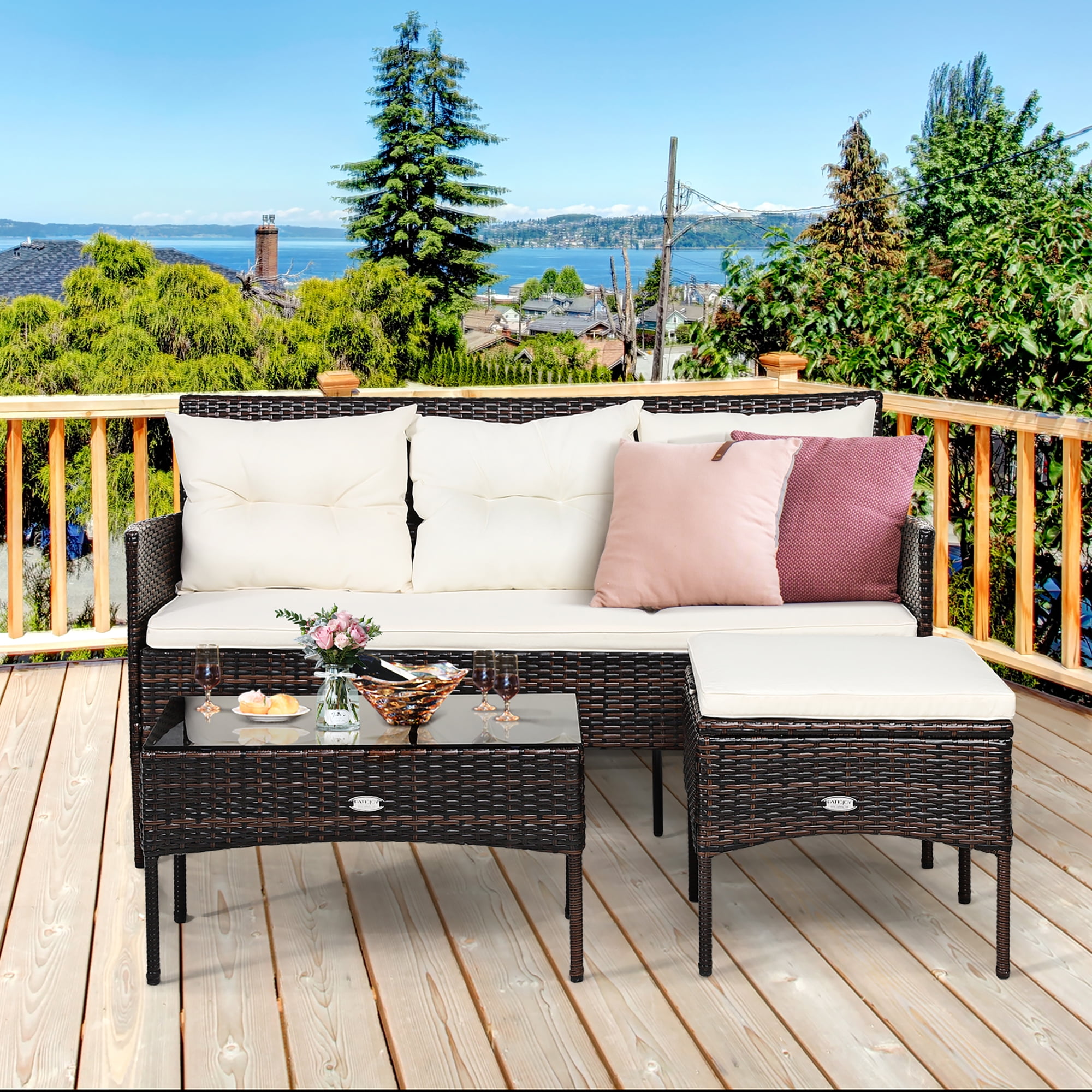 Costway 3PCS Patio Rattan Furniture Set 3-Seat Sofa Cushioned Table Garden