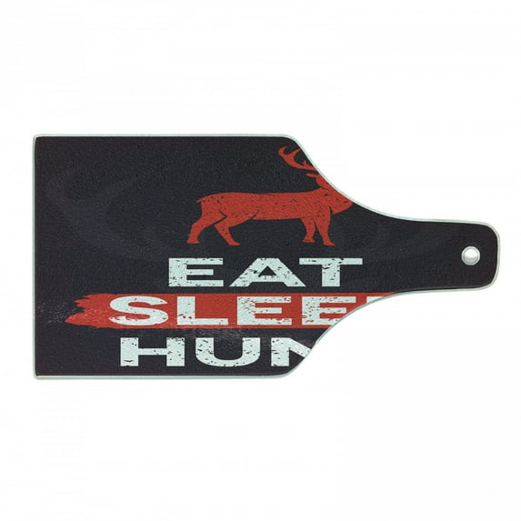 Hunting Cutting Board, Eat Sleep Hunt Inspirational Words Grunge Retro Deer Silhouette Antlers, Tempered Glass Cutting and Serving Board, Wine Bottle Shape, Scarlet Eggplant White, by Ambesonne