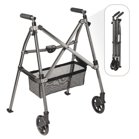 Stander Wonder Walker Plus, Lightweight Folding Rolling Walker for Seniors, Collapsible Travel EZ Fold-N-Go Walker with Wheels, Glides, & Pouch, Compact Standard Walker, Black Walnut
