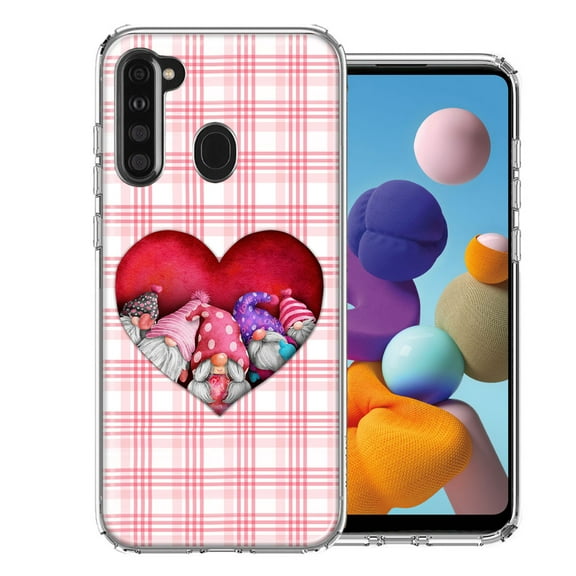 MUNDAZE for Samsung Galaxy A21 Valentine's Day Garden Gnomes Heart Love Pink Plaid Double Layer Phone Case Cover