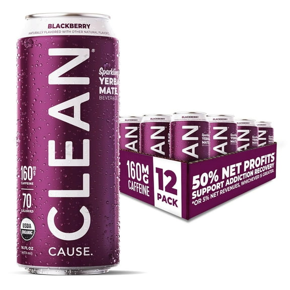 CLEAN Cause Low Calorie Blackberry USDA Organic Sparkling Yerba Mate Tea (16oz cans, 12-Pack Case) Low Sugar, 160mg Caffeine, Healthy Alternative to Soda & Energy Drinks.