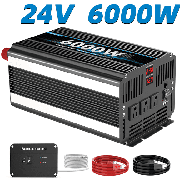 6000 Watt Pure Sine Wave Power Inverter 24V DC to 110V 120V Converter for Family RV Off Grid Solar System Car with Type-C Ports 3 AC Power Outlets USB Ports LCD Display and Remote Control,Black