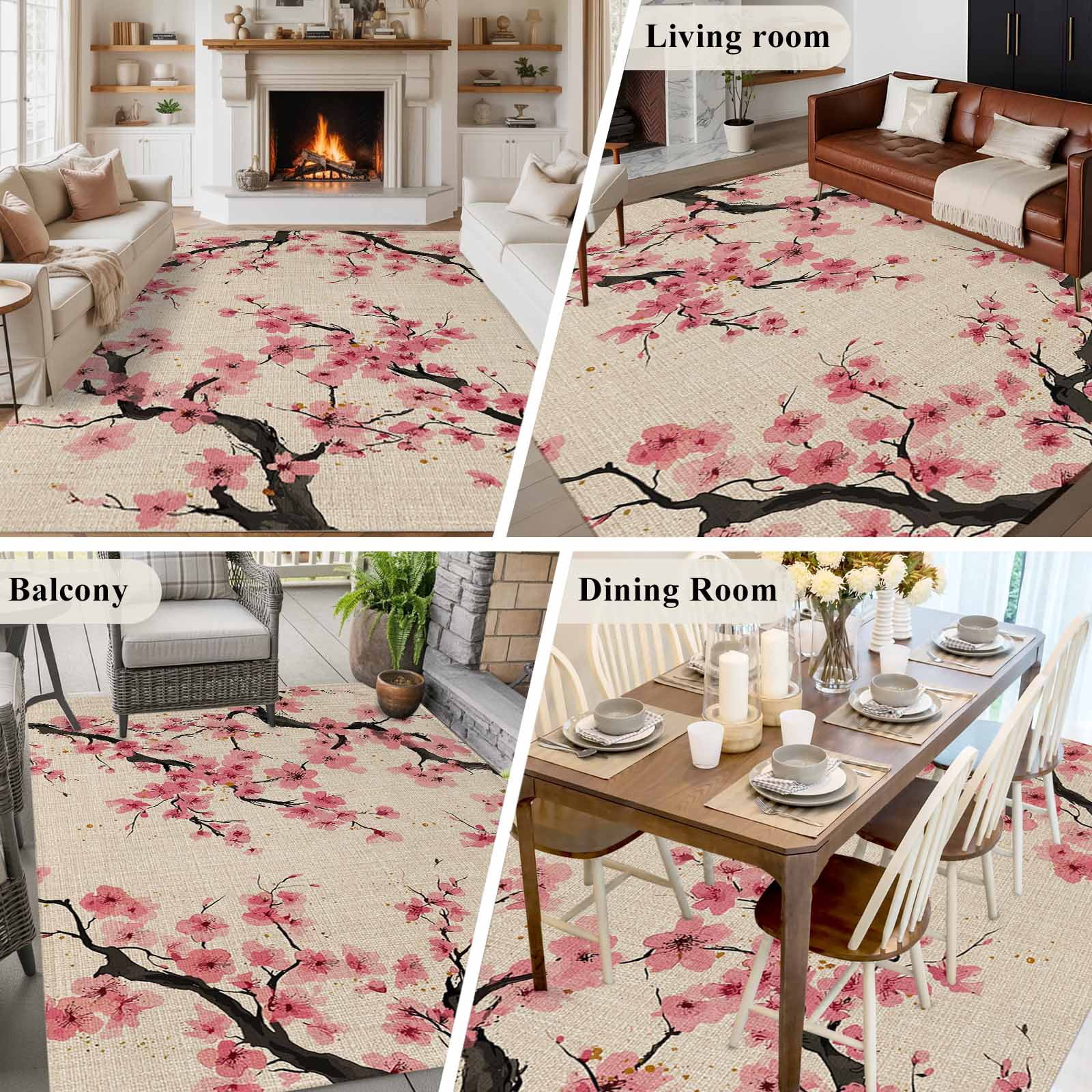 Large Area Rugs for Living Room Bedroom, Spring Flowers 6'x9' Rug Washable Carpet Runner Indoor Outdoor, Country Pink Peach Blossoms Botanical Floral Non Slip Floor Mats Rug for Kitchen, Playroom