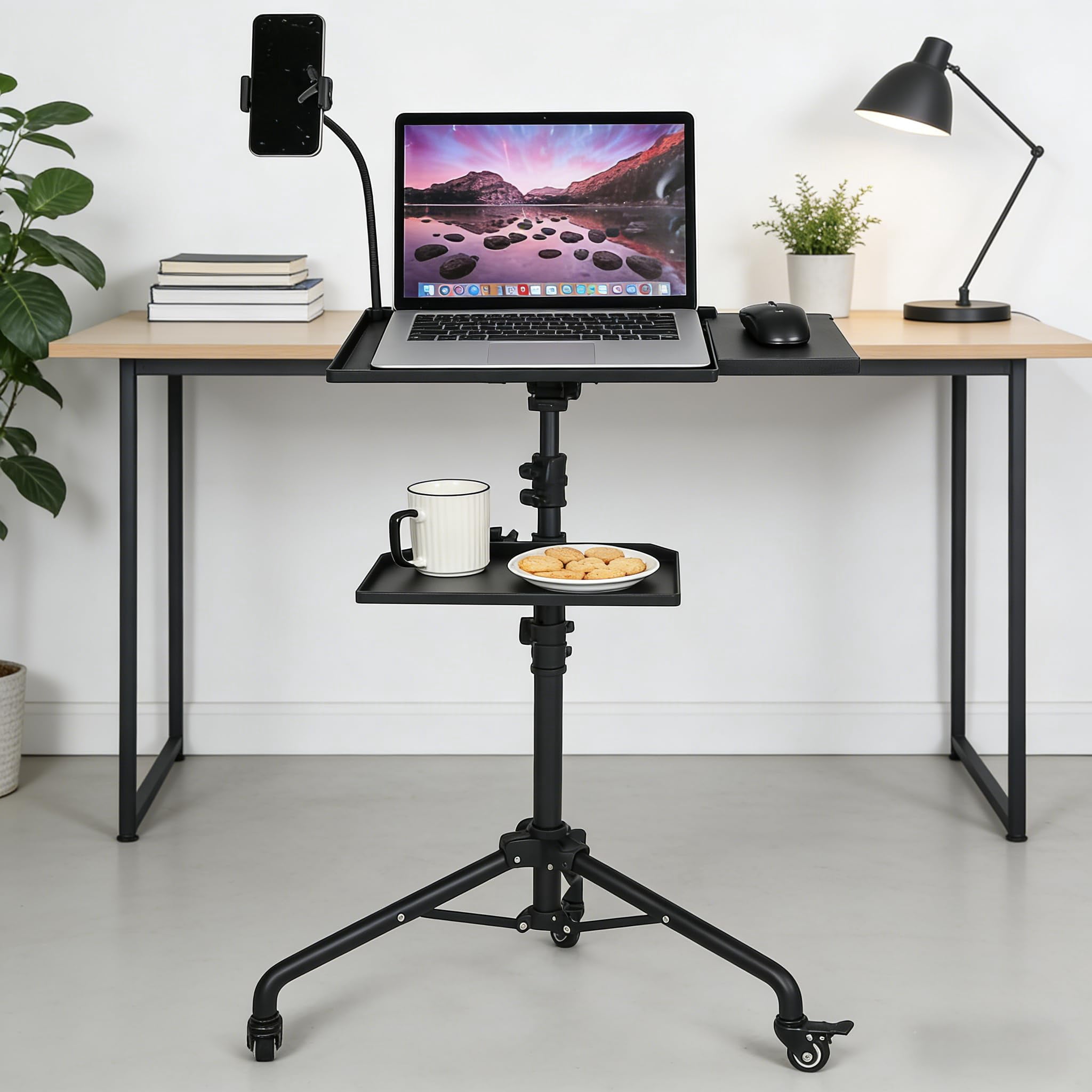 Projector Tripod Stand, Laptop Stand on Wheels with 2 Shelves Mouse Tray Phone Holder, Portable Projector Floor Stand, Adjustable Height 23 to 49 Inch, Projector Tall Stand for Office, Home