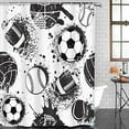 thumbnail image 2 of Cortina de ducha abstracta para niños, diseño de fútbol, deporte urbano con balón, colores blanco y negro, grunge oscuro repetido, tela de poliéster impermeable, 36 x 72 pulgadas, juego con ganchos, 2 of 6