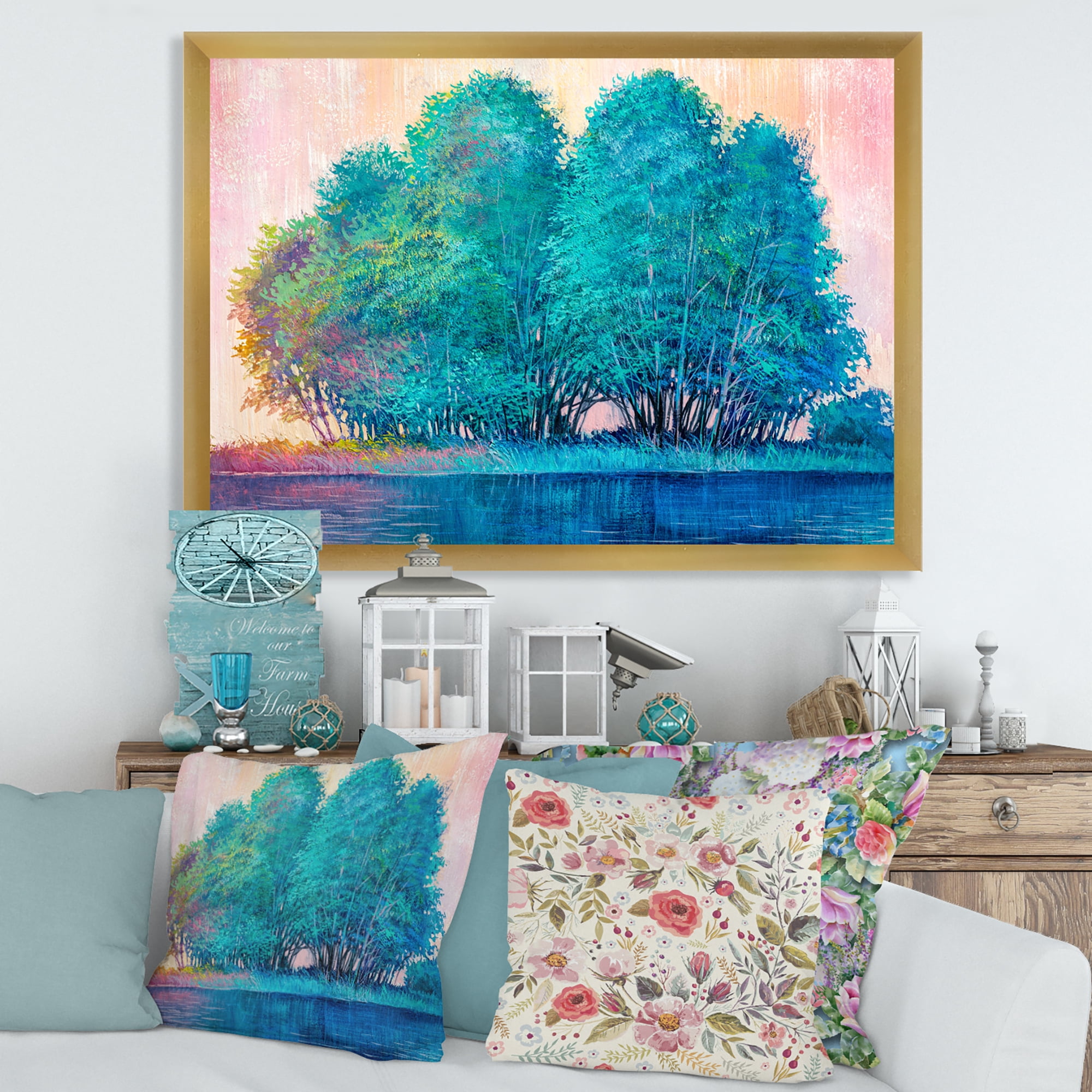 Designart 'Blue Coloured Tree Impression By Lakeside' Lake House Framed Art Print