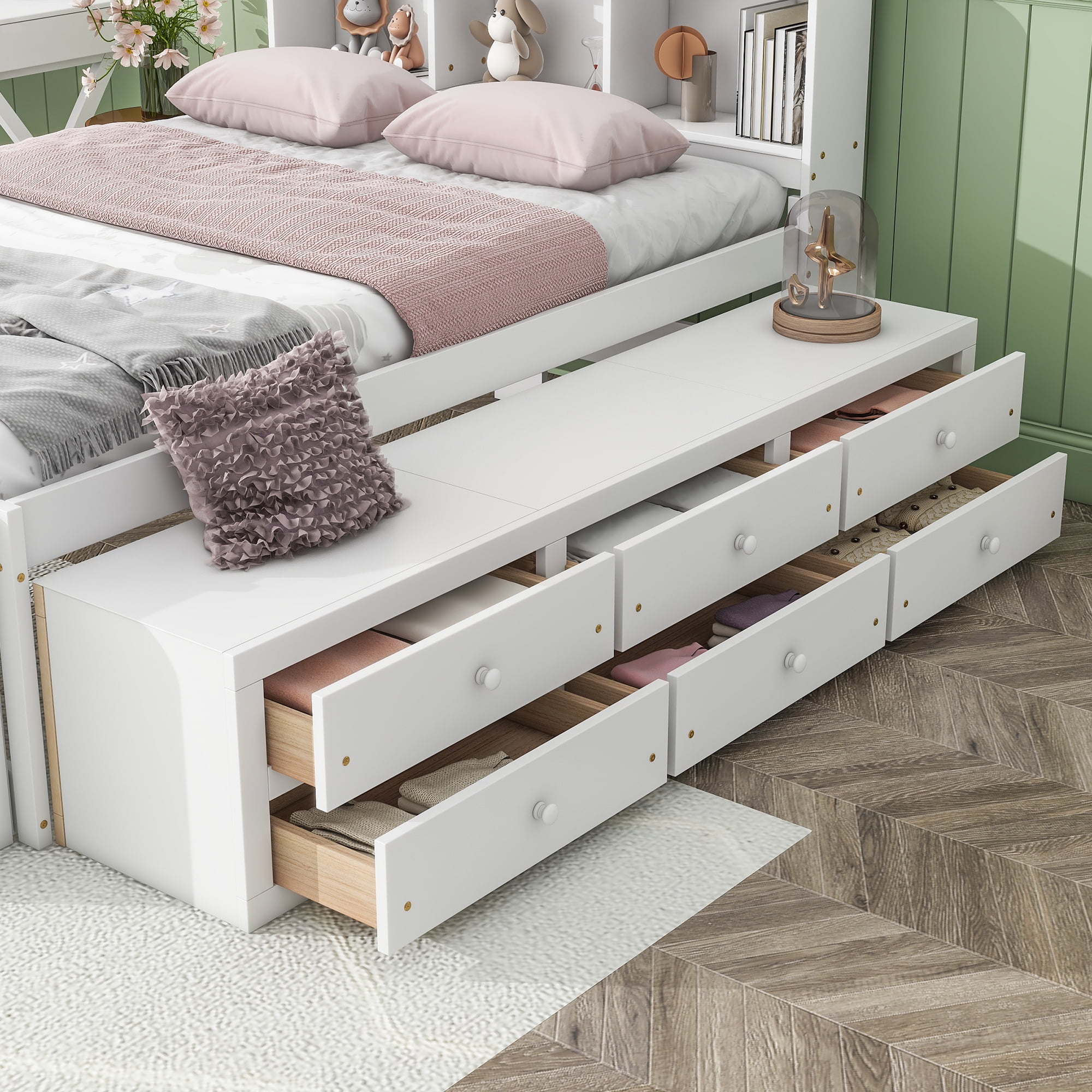 Sailvan Full Size Platform Bed Frame with Bookcase Headboard, 6 Storage Drawers and Bed End Case White