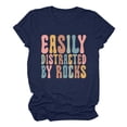 thumbnail image 3 of YHAJDS Women's Short Sleeve Tops Easily Distracted By Rocks Letter Print Round Neck Loose Tee, 3 of 7