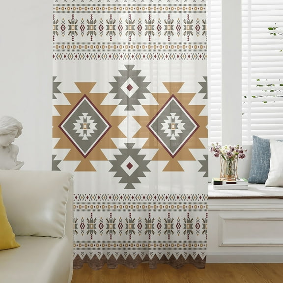 Southwest Geometric Semi Sheer Curtains Drapes for Living Room,Bedroom,French Doors Window 45 Inches Long,Western Beige Grey Boho Vintage Wooden Rod Pocket Chiffon Curtain Drapery Voile Drape Panel