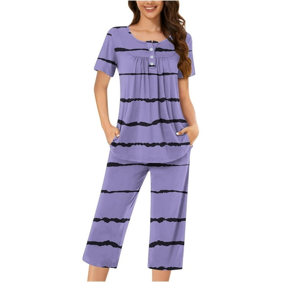 Kaemgyyd Women Pajama Set Soft Comfy Short Sleeve Sleepwear Tops with Loose Capri Pants Casual Stripe 2 Piece of Pajama Sets